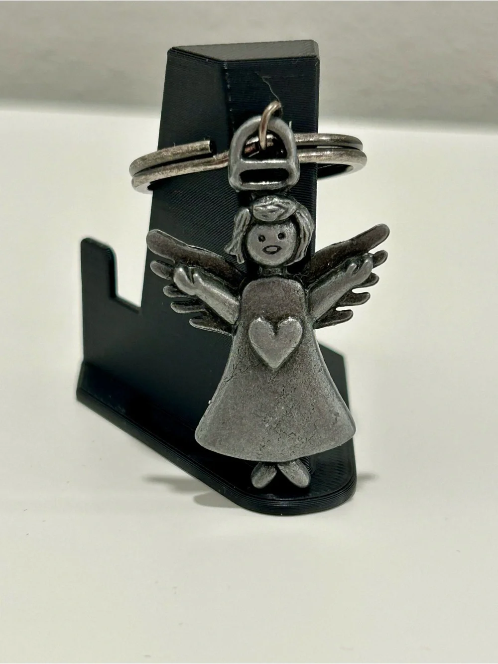 Angel Wings Keychain Pewter Tone Metal Guardian Angel Keyring Full Heart